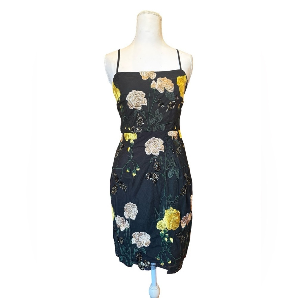 Lulus Black Floral Embroidered Mini Dress Small Sheer Overlay Strappy Cocktail - Picture 6 of 14